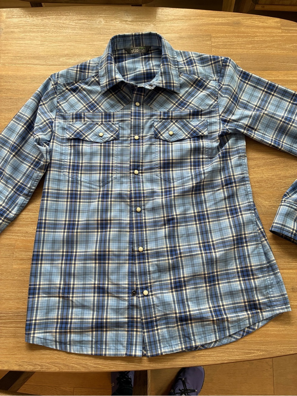Stio Light and Navy Blue Plaid Snap-Front Shirt
